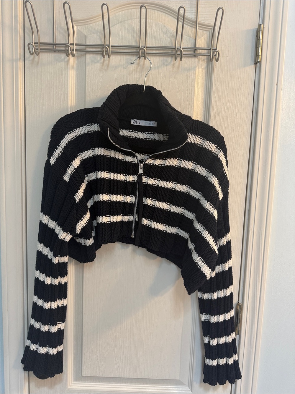 Zara Black & White Striped Cropped Zip Cardigan